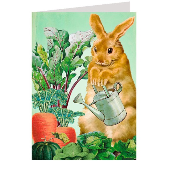 Brown Bunny Watering Vegetables Easter Card ~ England